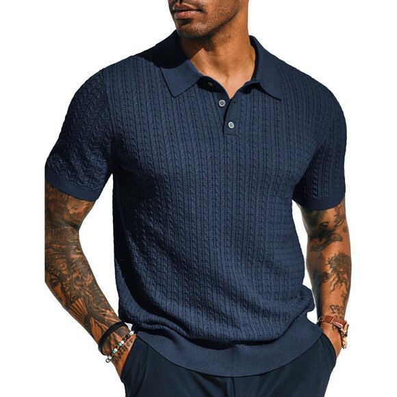 💫 Men Blue Short Sleeve Hollow Out Knit Texture Knitted Polo 3 Buttons Shirt